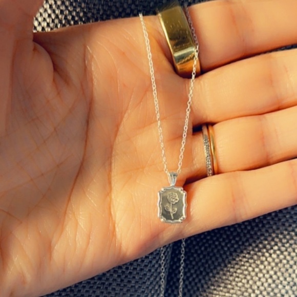 Sterling Silver Birth Flower Necklace Rectangle Pendant - Picture 8 of 9